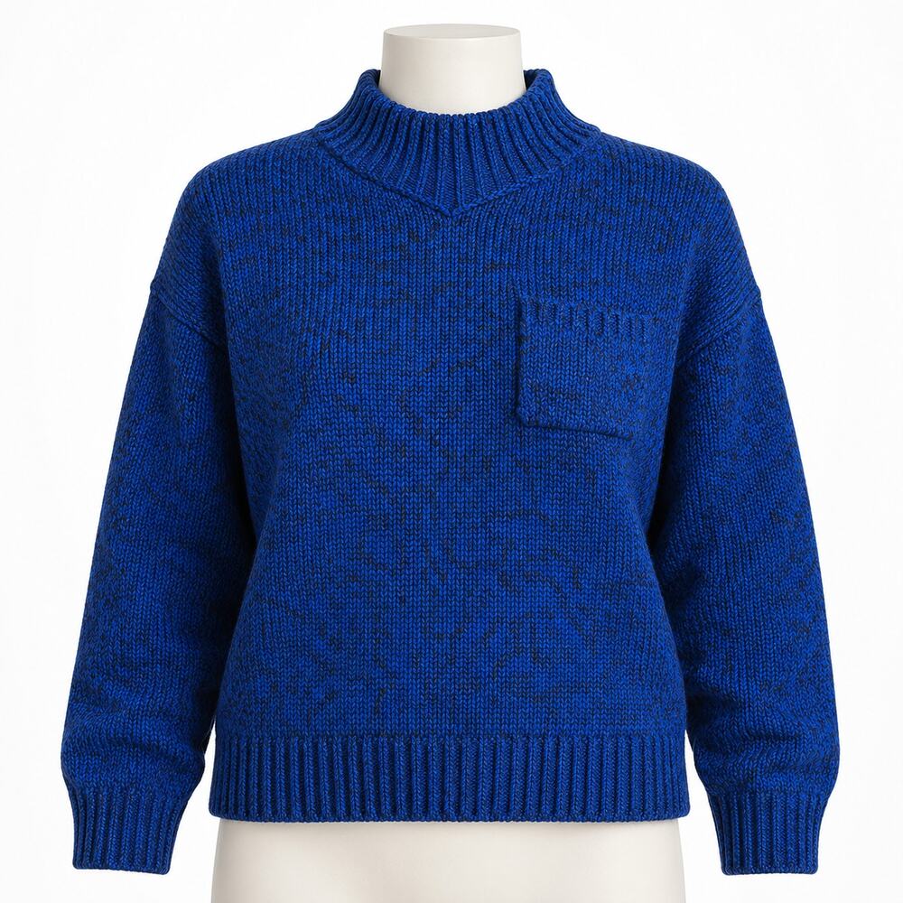 Vintage Pretense Blue Black Marled Mock Neck Sweater Women’s Large L Pocket